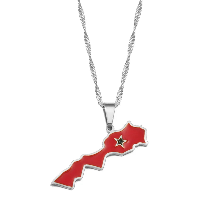 Morocco Map & Flag Pendant – Gold-Tone Necklace, Le Royaume du Maroc
