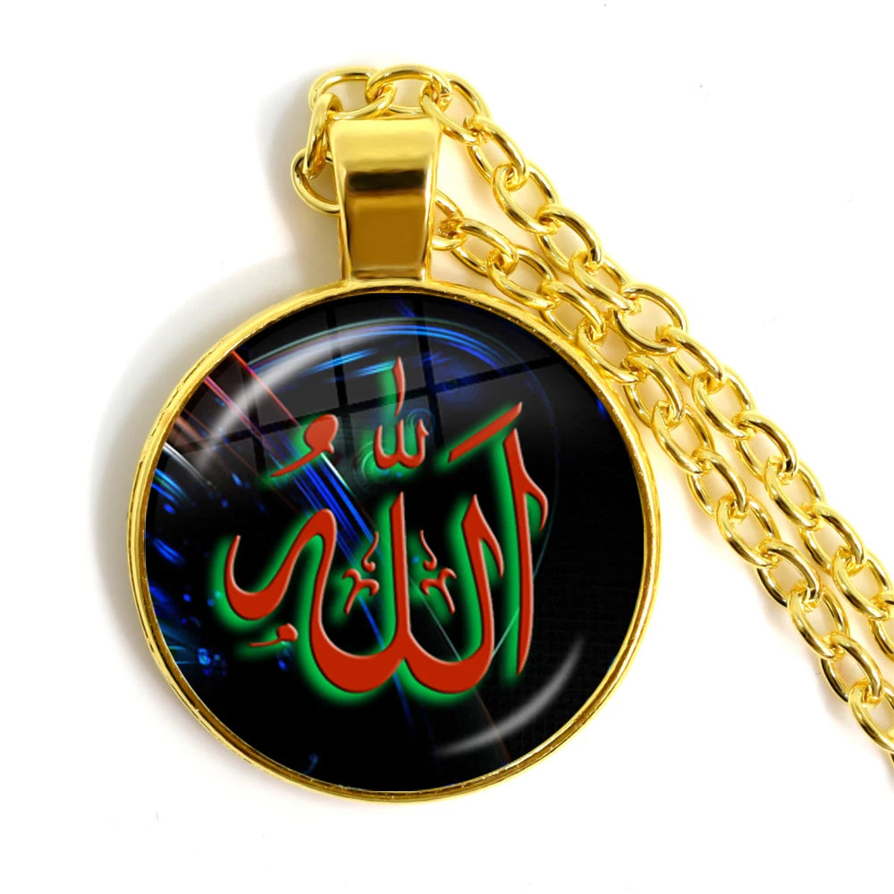 Hot Eid-Ul-Fitr Gift Glass Cabochon Necklace Women Men's Charm Arabic Muslim Islamic God Allah Jewlery Pendant Necklace Gift