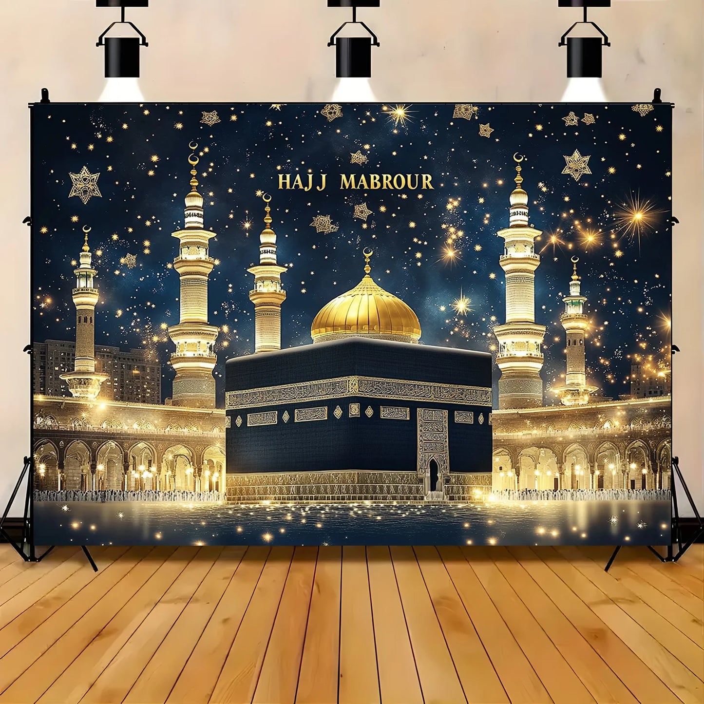 1 piece of 2D night view golden minaret starry sky background cloth of the Haji Mabul Islamic Mosque, for Eid al-Fitr decoration