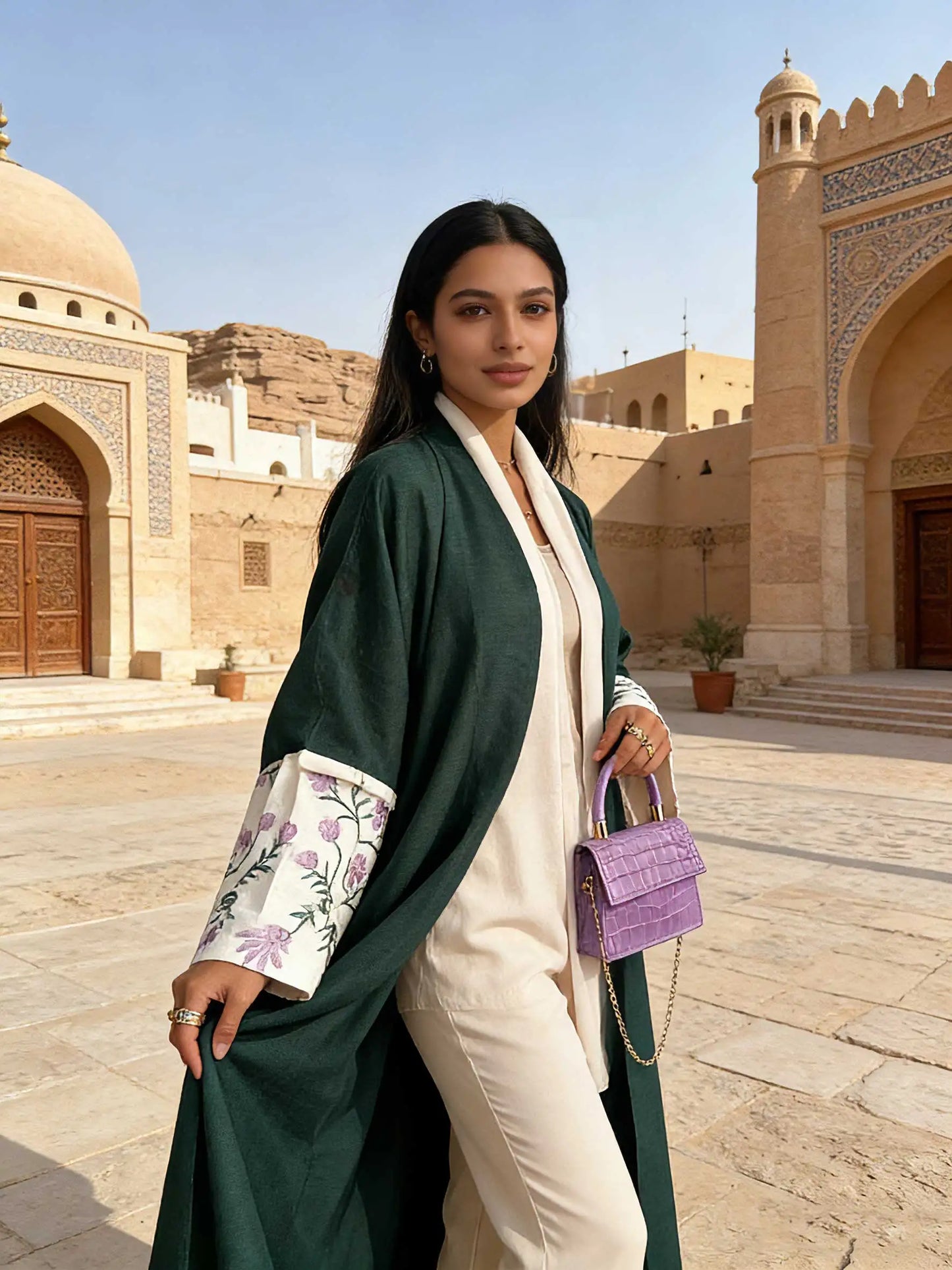 Chic Forest Green Open-Front Abaya Floral Embroidered Cuffs Set Women Muslim Moroccan Kaftan Ramadan Islam Dubai Arabic Robes