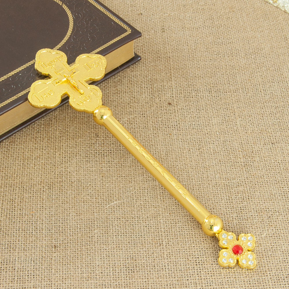 HTISOK Orthodox Cross Gold Plated Jesus Crucifix Statue with Crystals for Worship Prayer Church Home Table Decor Orthodox Cross