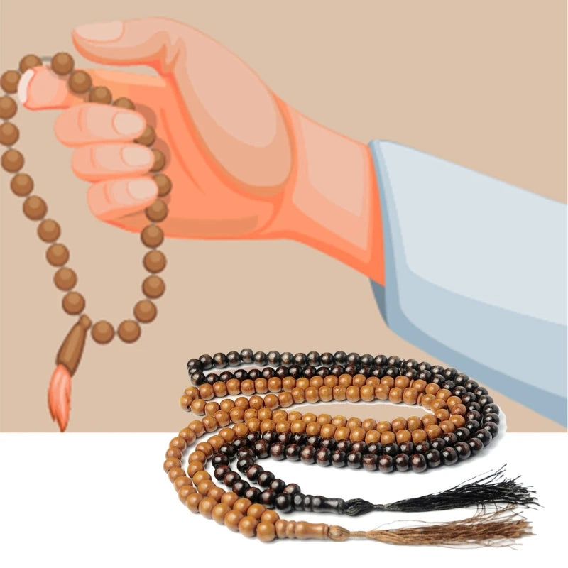 Natural 8mm Wood Beads Muslim Tasbih Prayer Beads 99 Wooden Rosary Misbaha Beads Islamic Religion Eid Ramadan Gift