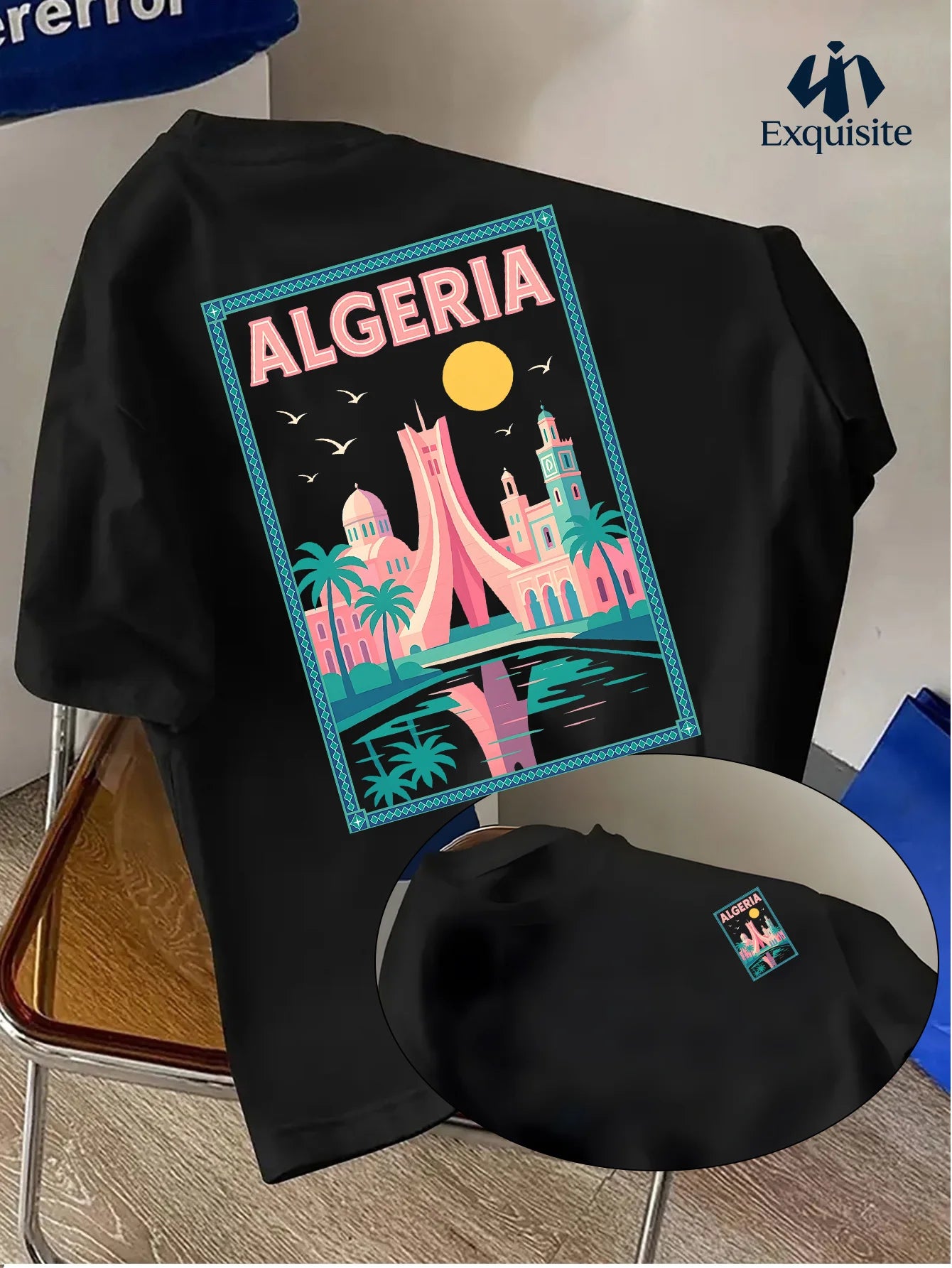 Casual vacation clothes! Men's fashion T-shirt with "ALGERIA" printed round-neck T-shirt fashion short-sleeved
