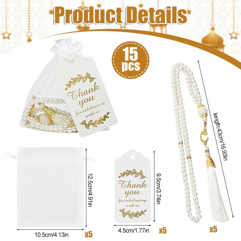 15/30Pcs Ramadan Glass Pearl Muslim Bracelet Prayer Beads Tassel Thank You Card Organza Bags Eid Mubarak Favor Gift for Home