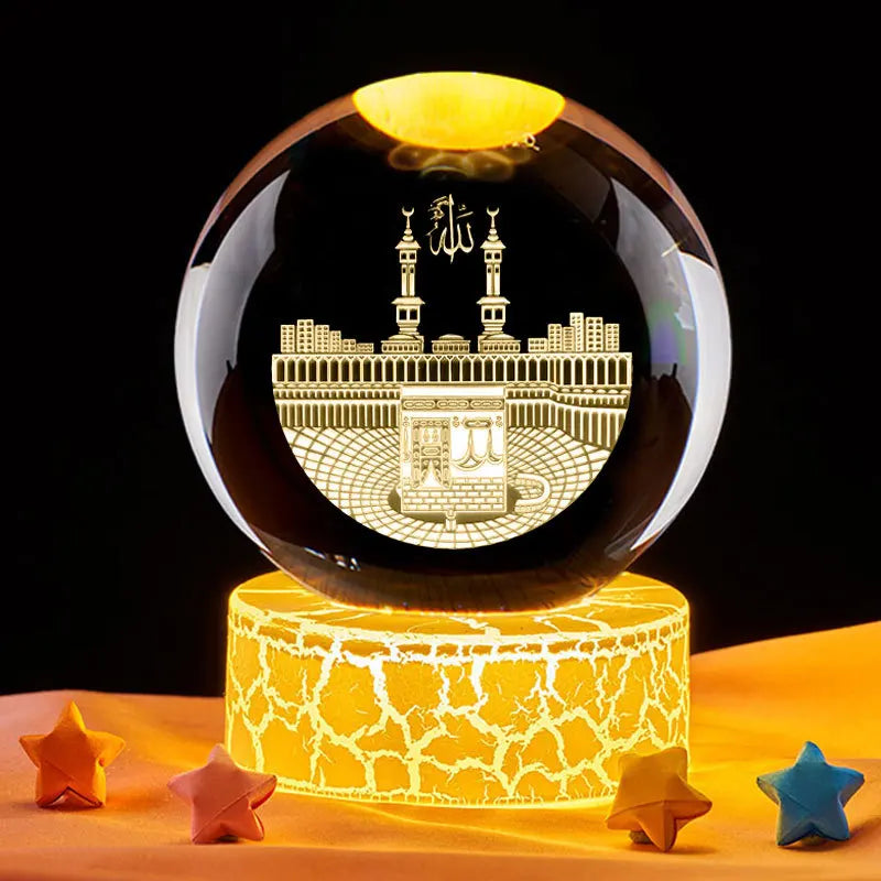 Ramadan Glowing Mosque Crystal Ball Ornament Islamic 3D Home Interior Party Desk Rotating Decoration Figurines Atmosphere Gifts