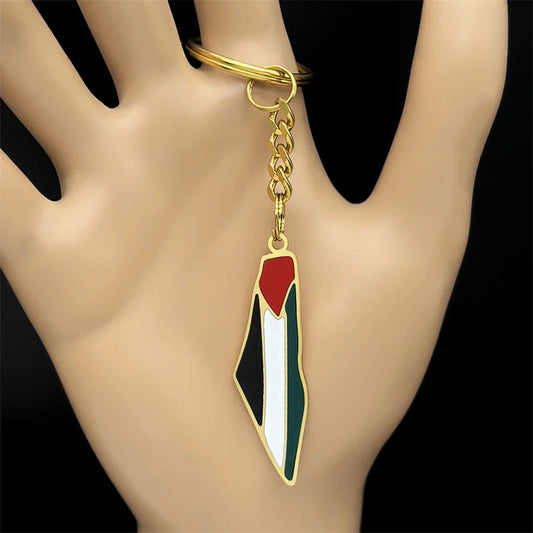 Palestine Map Keychain – Gold-Tone Stainless Steel Flag Pendant Key Ring