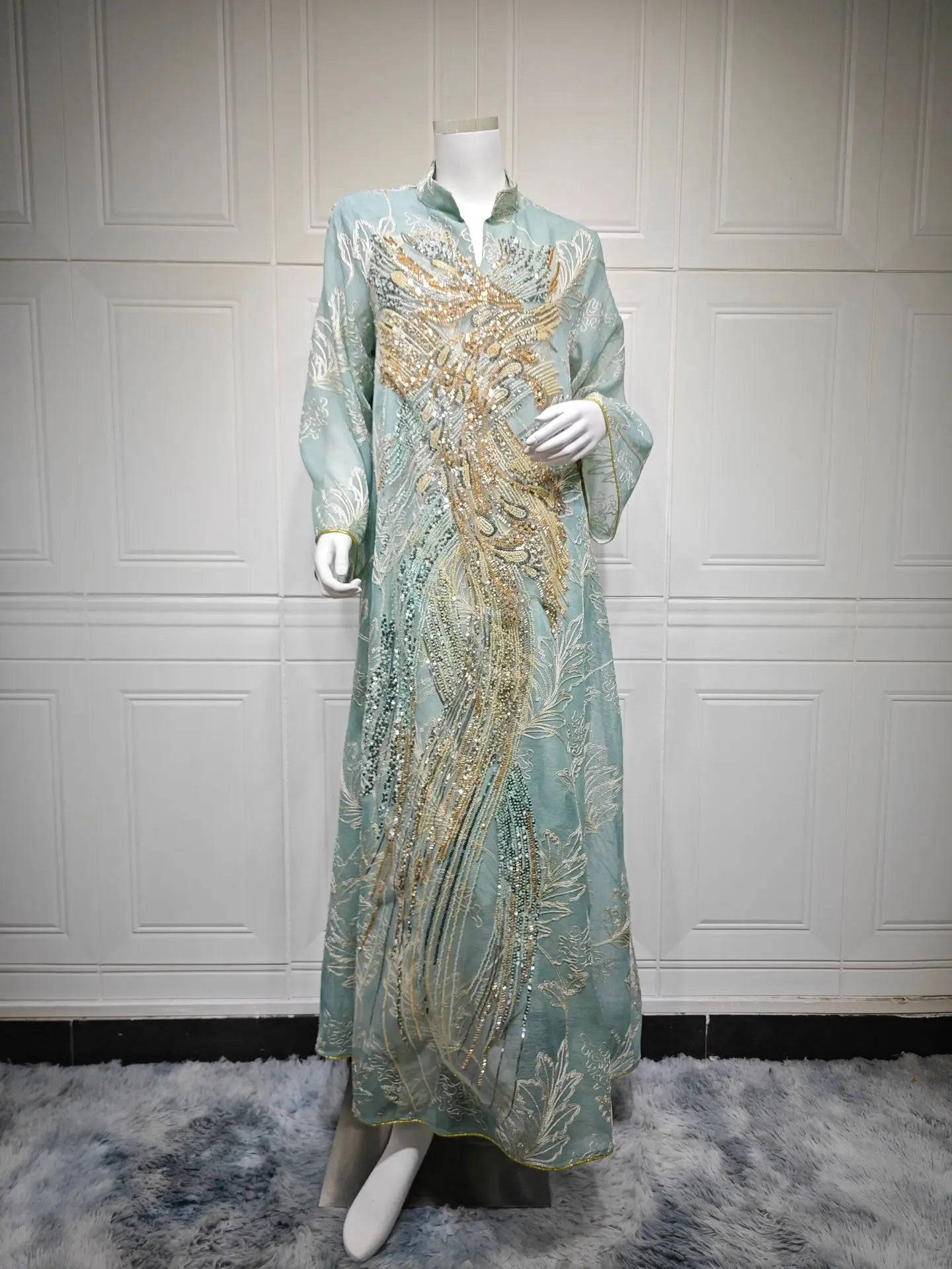 Zahraa Dubai Sequins Luxury Woman Evening Dress Mesh Embroidered Abaya V-Neck Caftan Marocain Femme 2026