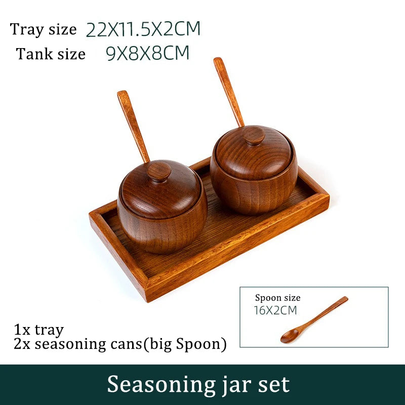 Wooden Seasoning Jar Creative Kitchen Retro Salt Sugar Pot Seasoning Storage Jar With Lid Spoon Wooden Tray Storage Containers