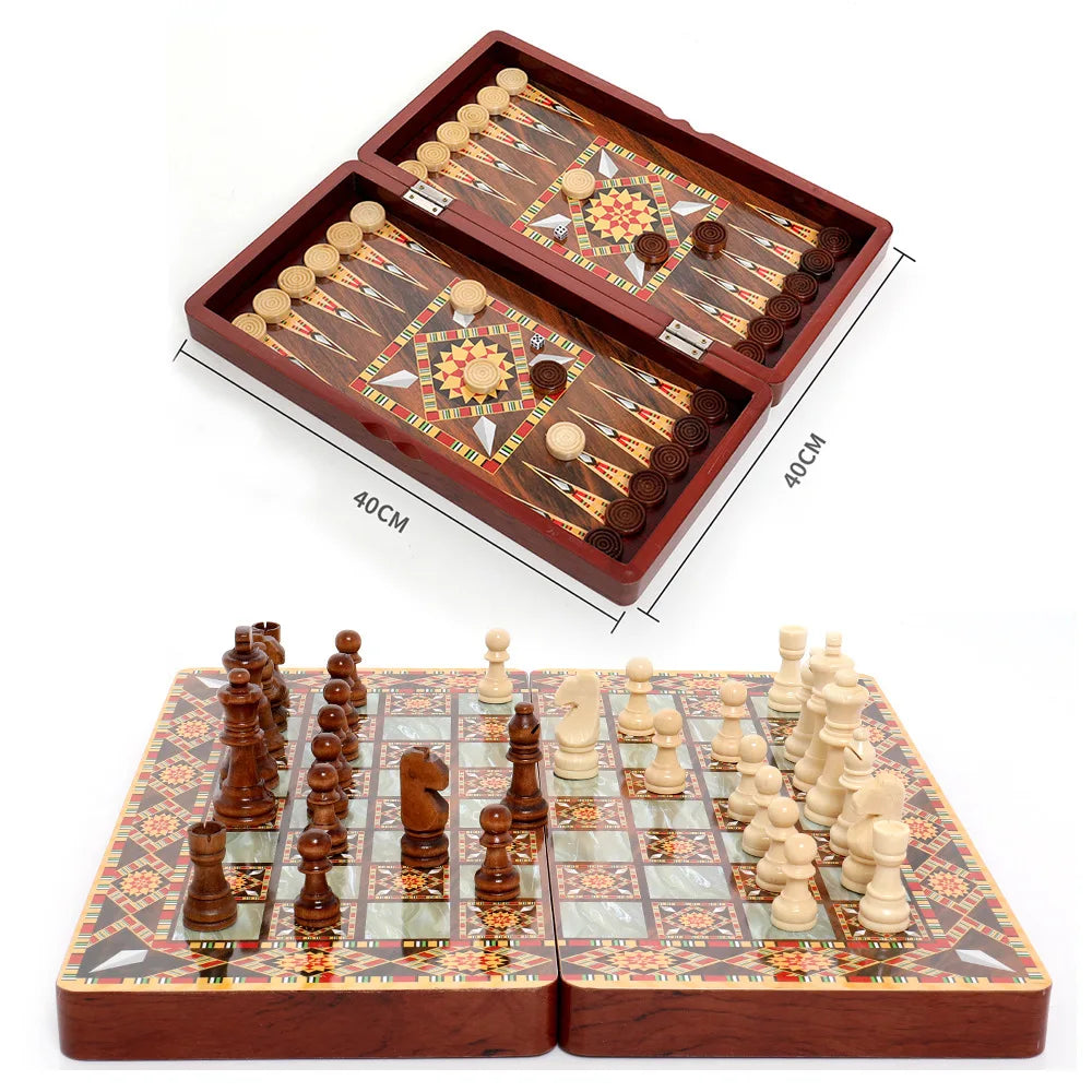 40cm Large 3-in-1 Wooden Chess & Checkers & Backgammon Set, Foldable Board for Family Travel