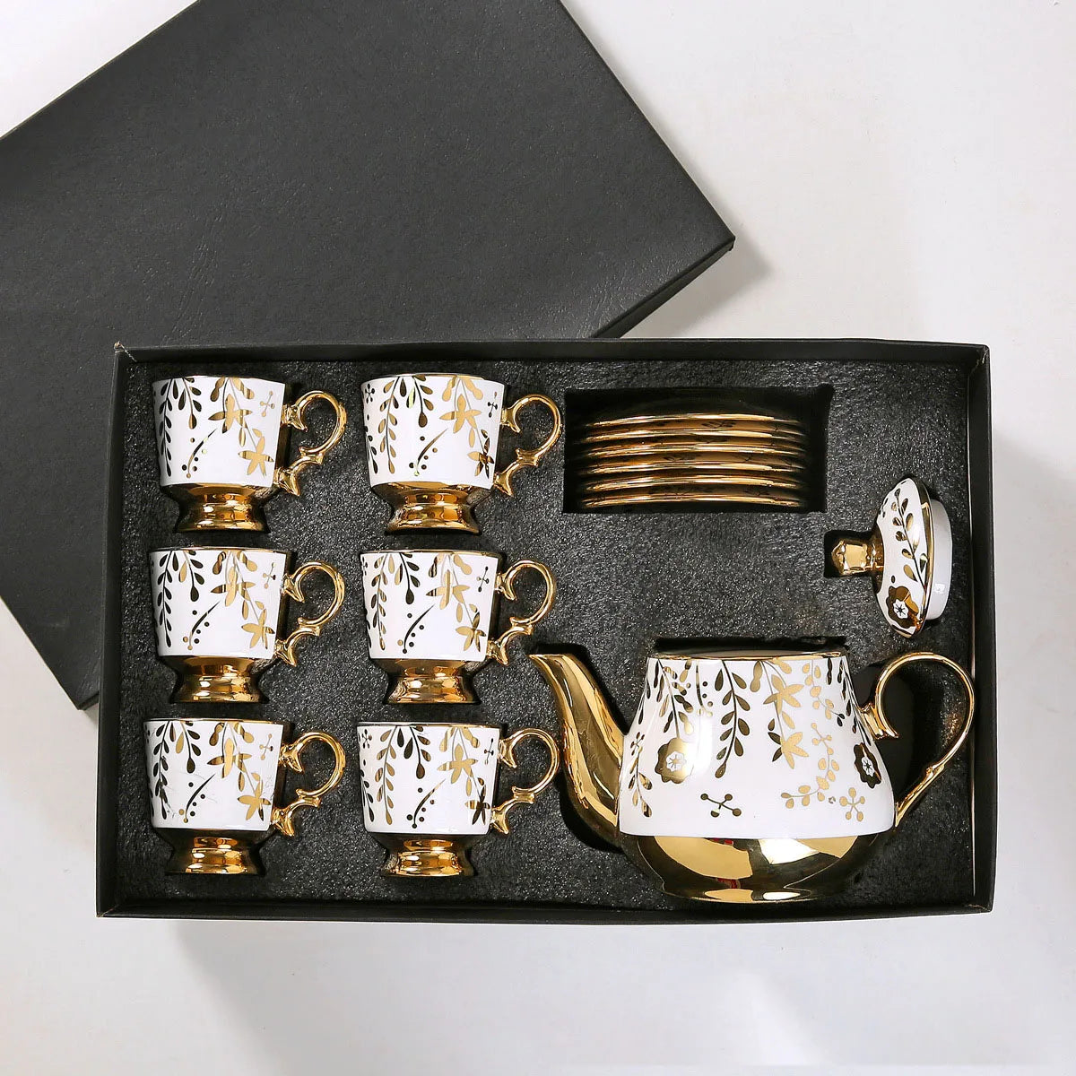 European Arabic Style Gold Plated 6 Cups and 6 Plates and Pot Gift Box Set Ceramic Tea Coffee Cup and Saucer Set for Parties