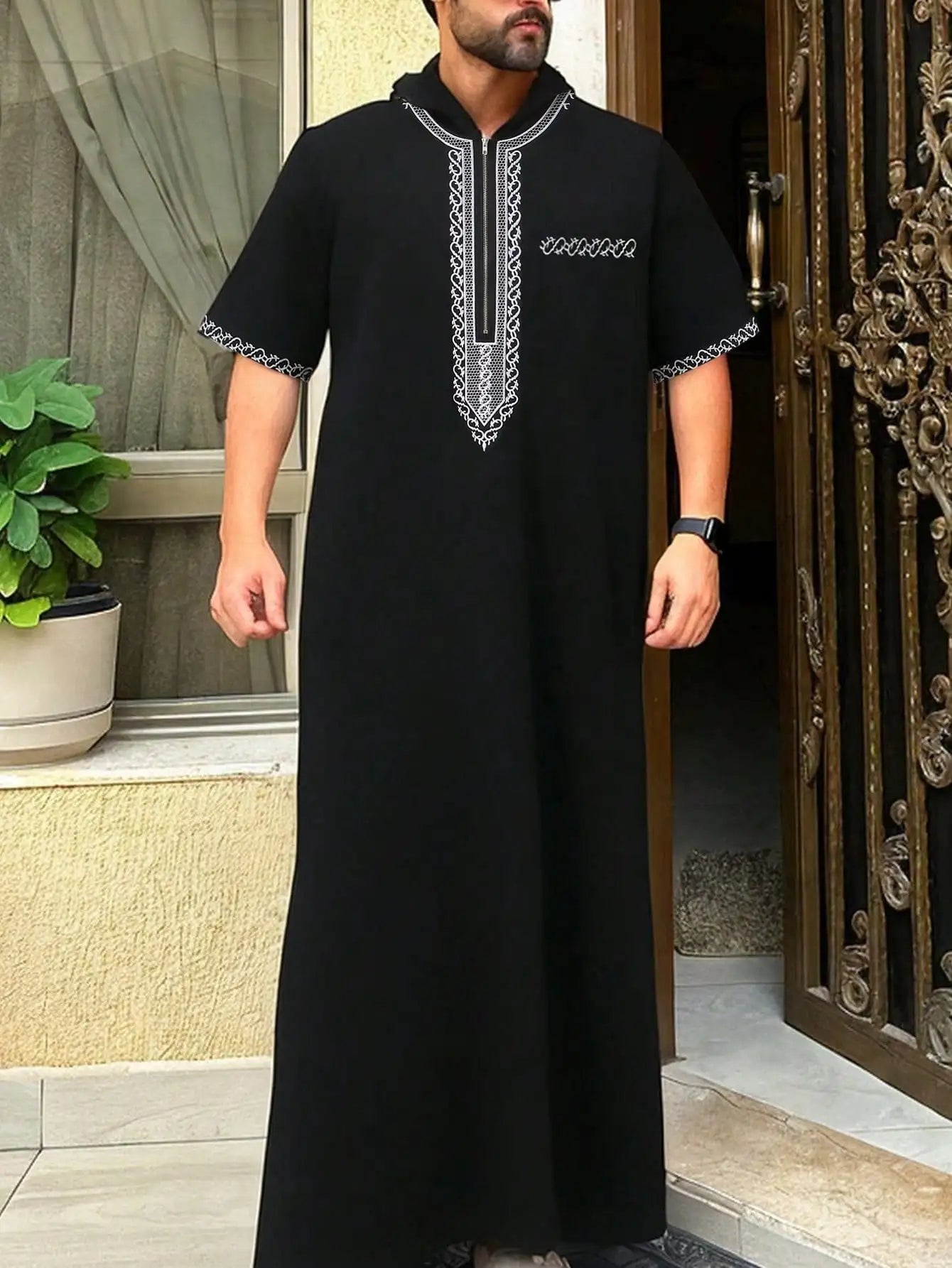 Short-sleeved, hooded, embroidered Muslim pocket Thobe, casual Arab style, traditional Gandoura prayer festival clothing for men