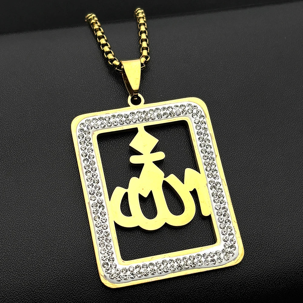 Islamic Arab Allah God Name Pendant Necklace for Men Women Stainless Steel Gold Color Rhinestones Muslim Chain Amulet Jewelry