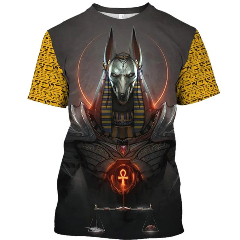 Golden Pharaoh & Anubis T-Shirt – Men's Egyptian Print O-Neck Short Sleeve Tee