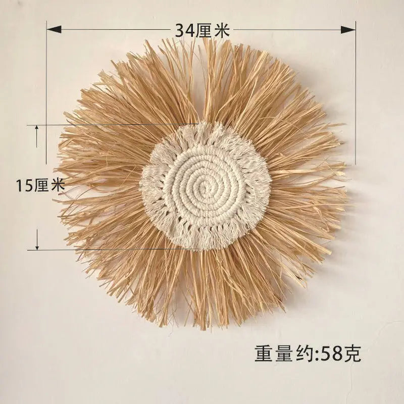 Raffia Woven Wall Hanging, Japanese Moroccan Style Grass Decor for Hotel B&B, Wooden Frame Wall Art