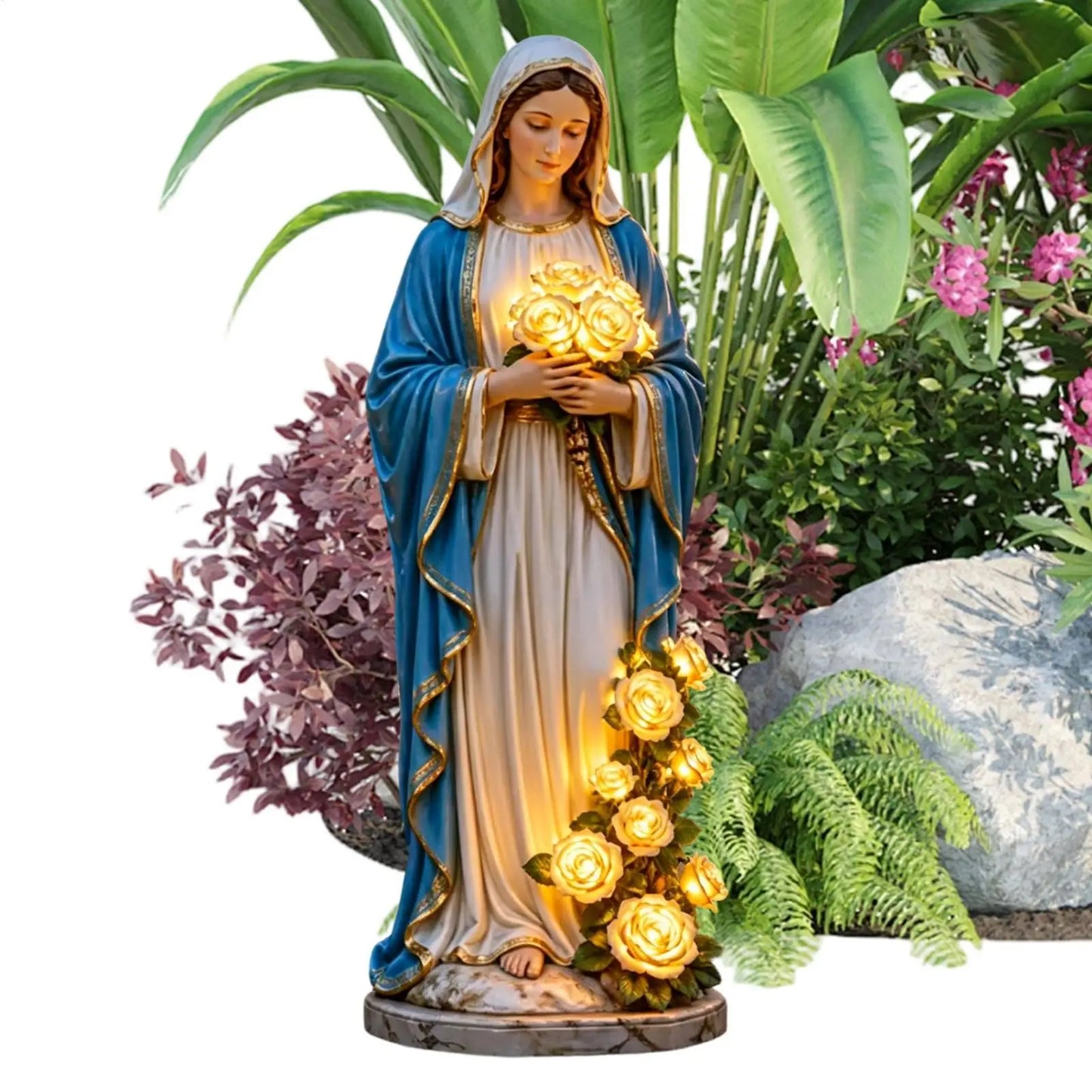 Mary Garden Statue Outdoor Christian Statue Blessed Mother Garden Light Statue with Glowing Rose Usb Lamp For Lawn Patio Porch