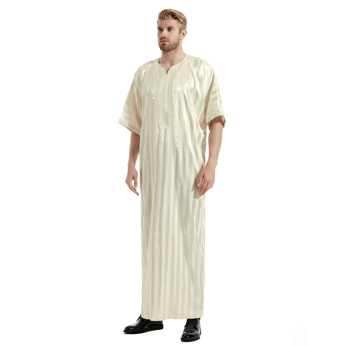 Middle Eastern Muslim Men's Striped Middle Sleeve Embroidered Robe Half Sleeve Arabic Costume Traditional Men's Robe