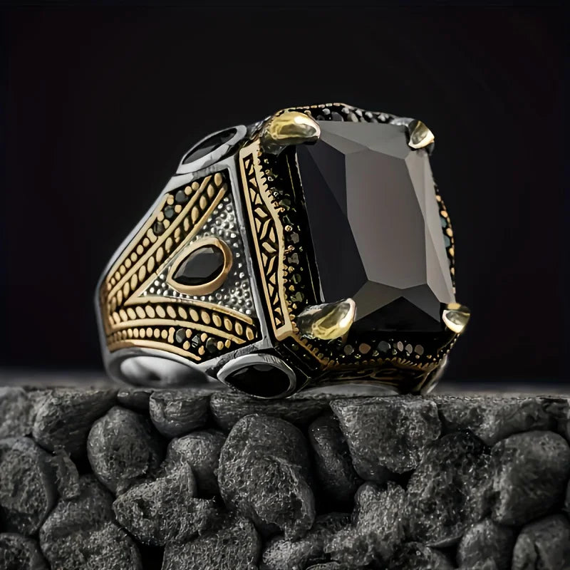 Retro Handmade Turkish Signet Rings For Men Ancient Silver Color Carved Eagle Ring Black Zircon Inlay New Punk Motor Biker Ring