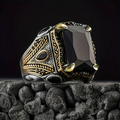 Retro Handmade Turkish Signet Rings For Men Ancient Silver Color Carved Eagle Ring Black Zircon Inlay New Punk Motor Biker Ring