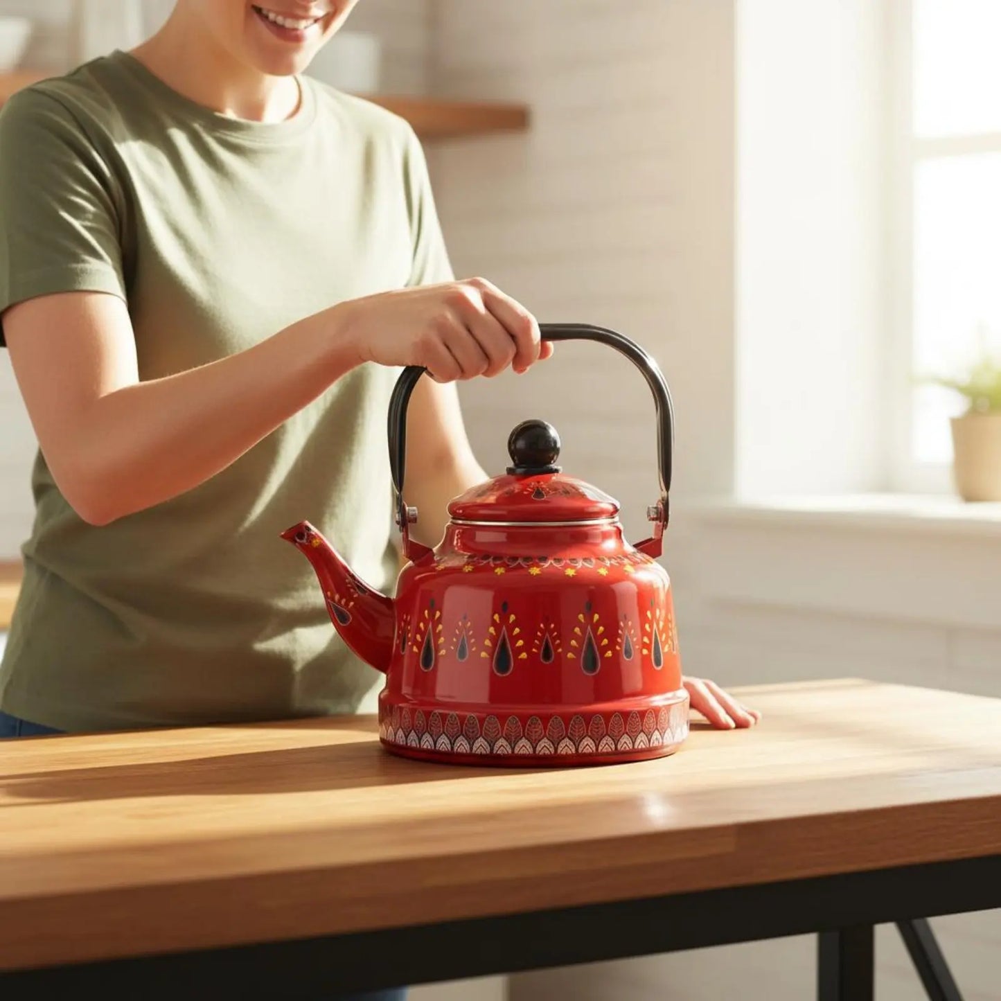Enamel Kettle for Boil Water Round Teapot Easy to Clean Vintage Water Kettle Anti-Scald Water Kettle for Stovetop Kitchen Home