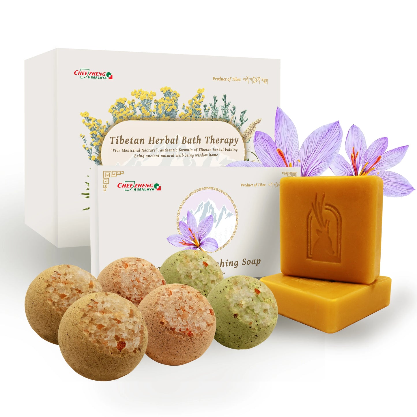 CheezhengHimalaya Bath Bomb and Saffron Soap Set, Relaxing and Brightening, Tibetan Herbal Skincare Combo for Luxurious Care