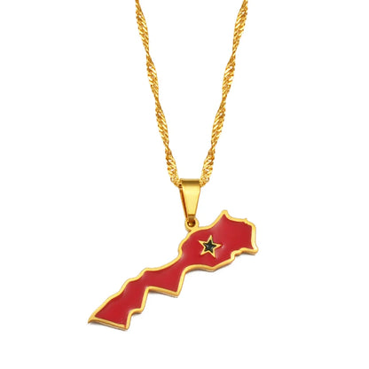 Morocco Map & Flag Pendant – Gold-Tone Necklace, Le Royaume du Maroc