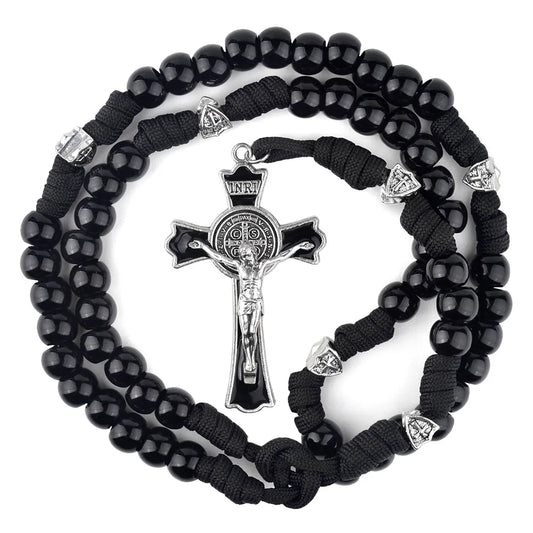 Black Paracord Men Rosaries 12mm Acrylic Beads Cross Necklace for Soldier Catholic Rugged Rosary