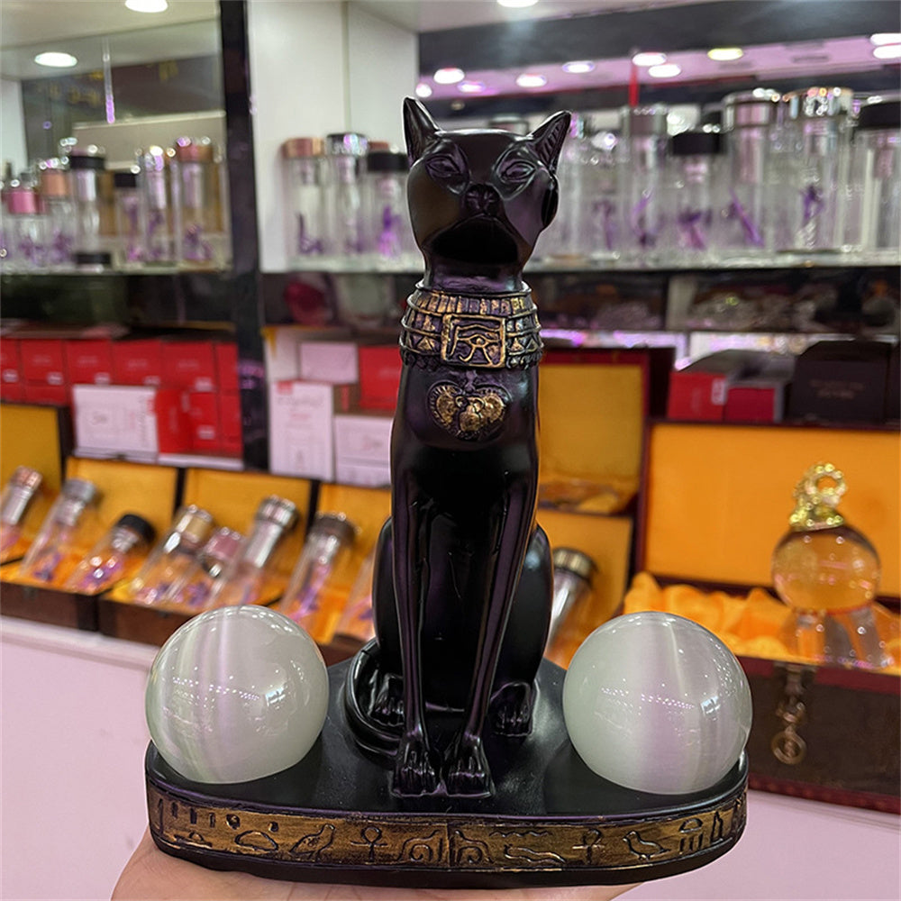 Anubis Cat Crystal Ball Stand – Egyptian Resin Statue for Sphere Display & Home Decor