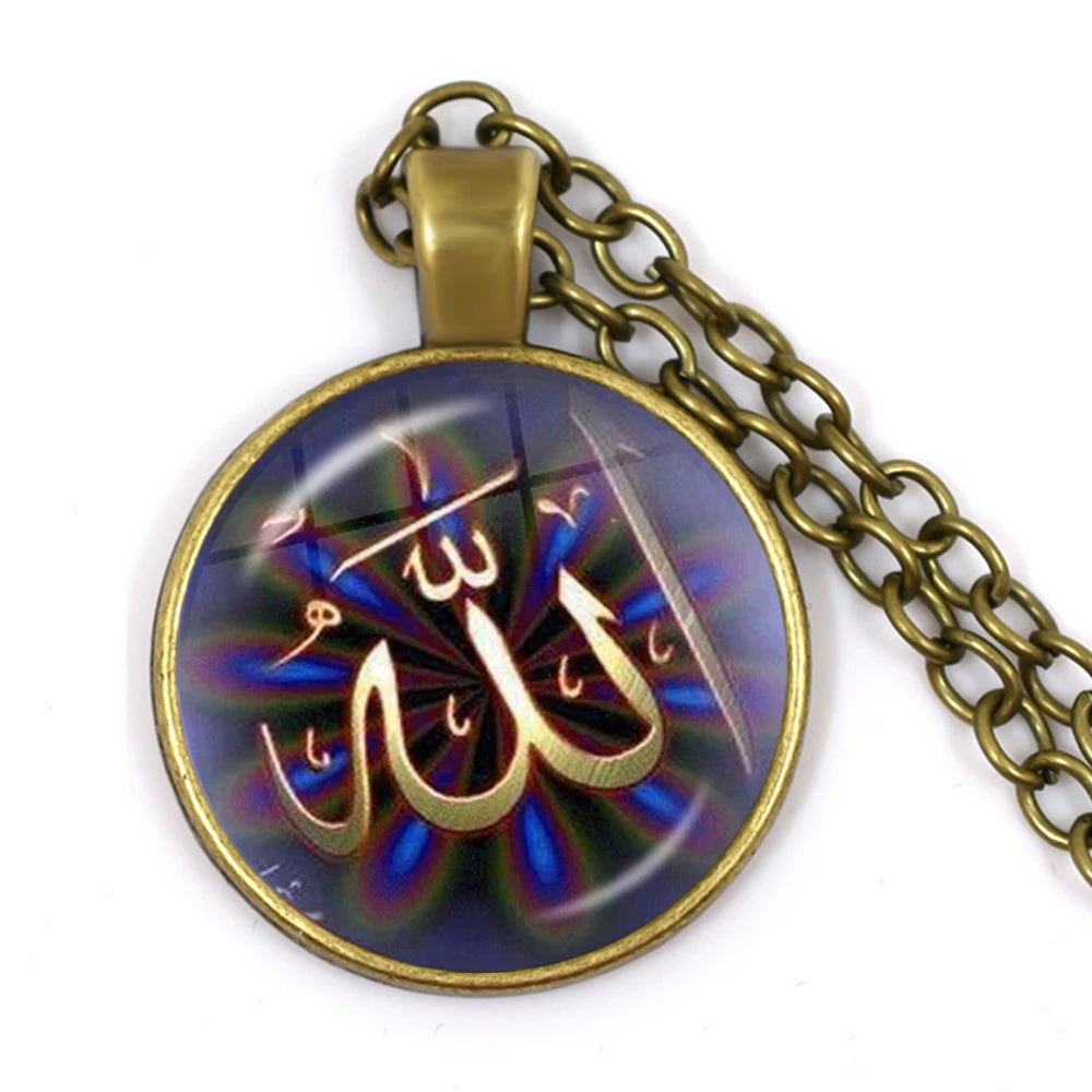 Hot Eid-Ul-Fitr Gift Glass Cabochon Necklace Women Men's Charm Arabic Muslim Islamic God Allah Jewlery Pendant Necklace Gift