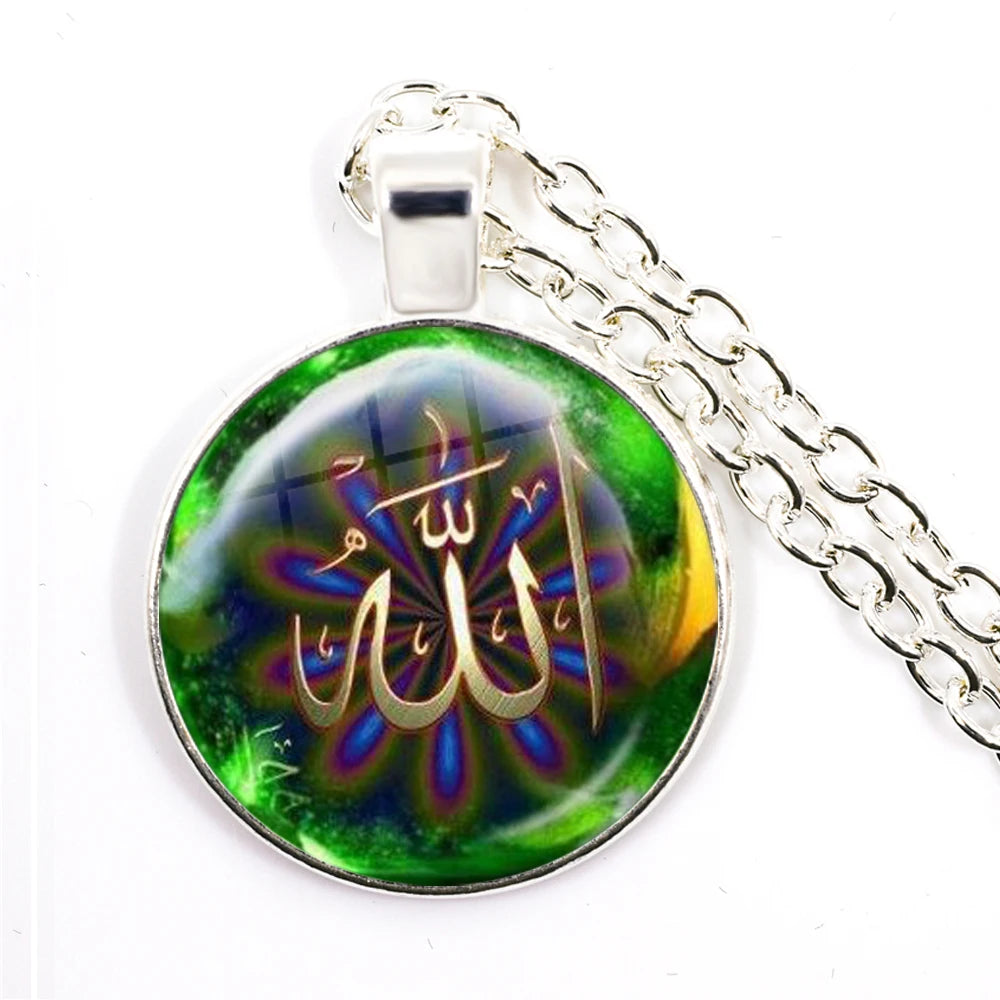 Hot Eid-Ul-Fitr Gift Glass Cabochon Necklace Women Men's Charm Arabic Muslim Islamic God Allah Jewlery Pendant Necklace Gift