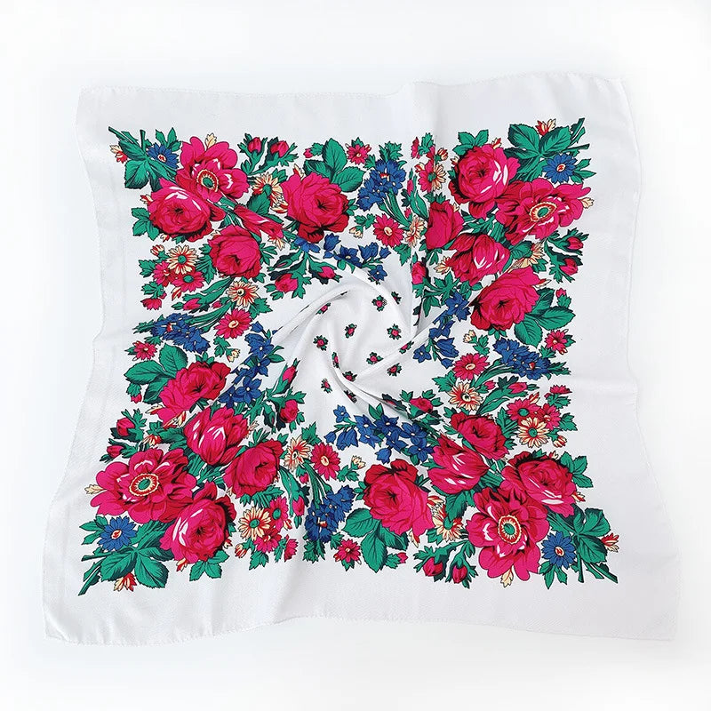 Babushka Bloom – 70cm Retro Floral Square Headscarf for Women