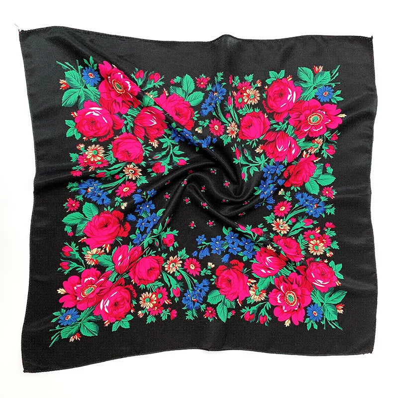 Babushka Bloom – 70cm Retro Floral Square Headscarf for Women