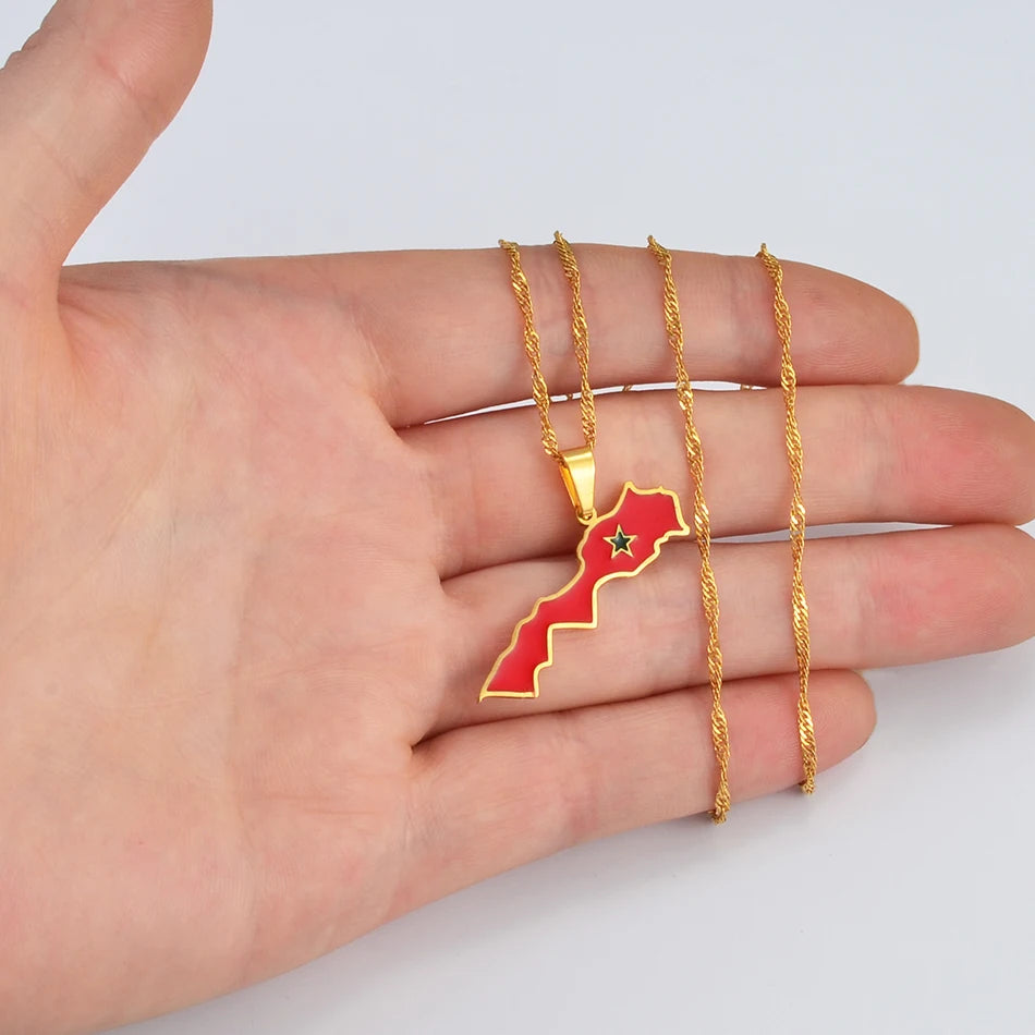 Morocco Map & Flag Pendant – Gold-Tone Necklace, Le Royaume du Maroc