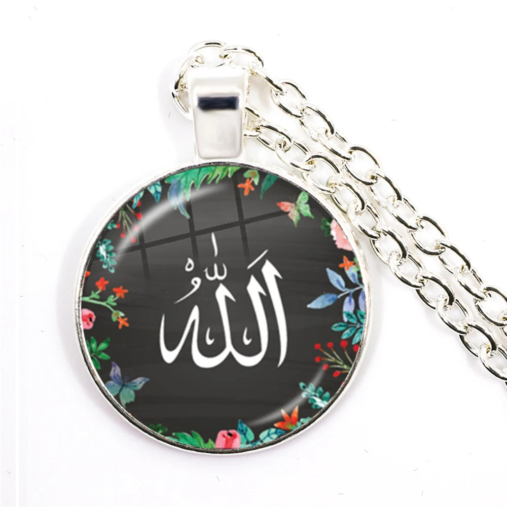 Hot Eid-Ul-Fitr Gift Glass Cabochon Necklace Women Men's Charm Arabic Muslim Islamic God Allah Jewlery Pendant Necklace Gift