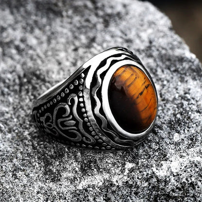BEIER Vintage Man Boy Oval Tiger Eye Brown Stones Ring in Stainless Steel Jewelry Mens Accessories Anel Aneis BR8-699