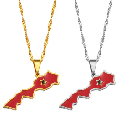 Morocco Map & Flag Pendant – Gold-Tone Necklace, Le Royaume du Maroc