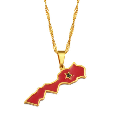 Morocco Map & Flag Pendant – Gold-Tone Necklace, Le Royaume du Maroc