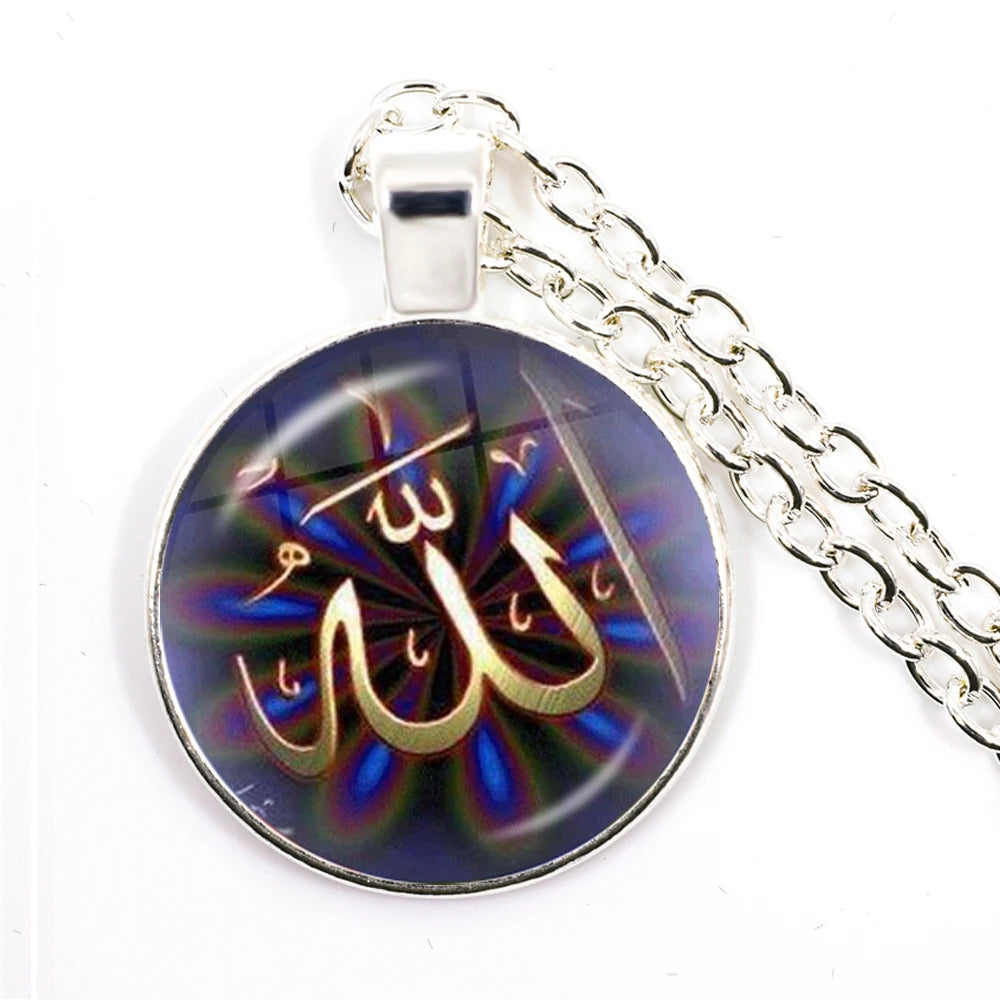 Hot Eid-Ul-Fitr Gift Glass Cabochon Necklace Women Men's Charm Arabic Muslim Islamic God Allah Jewlery Pendant Necklace Gift