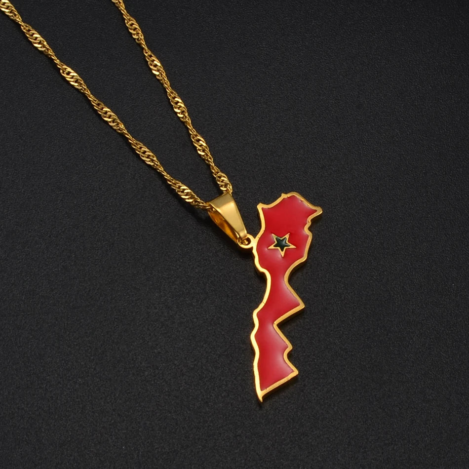 Morocco Map & Flag Pendant – Gold-Tone Necklace, Le Royaume du Maroc