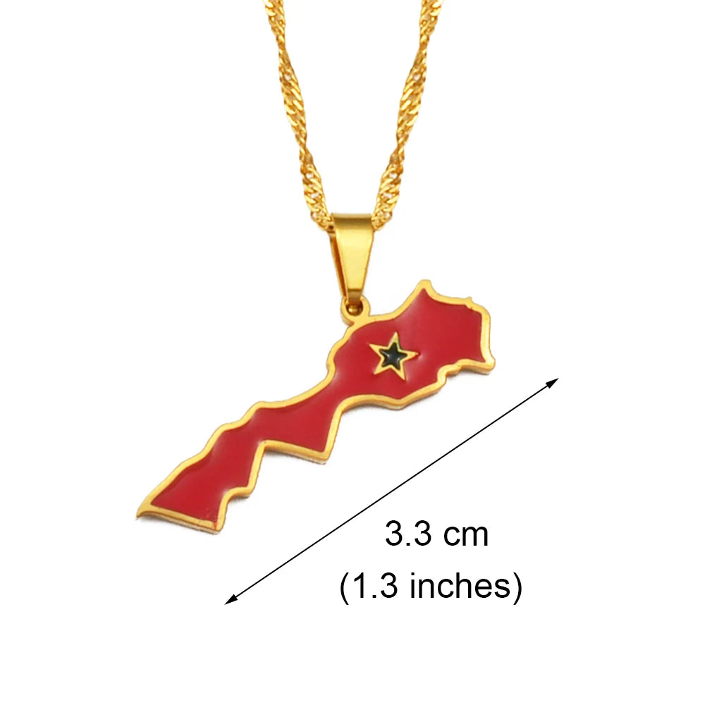 Morocco Map & Flag Pendant – Gold-Tone Necklace, Le Royaume du Maroc
