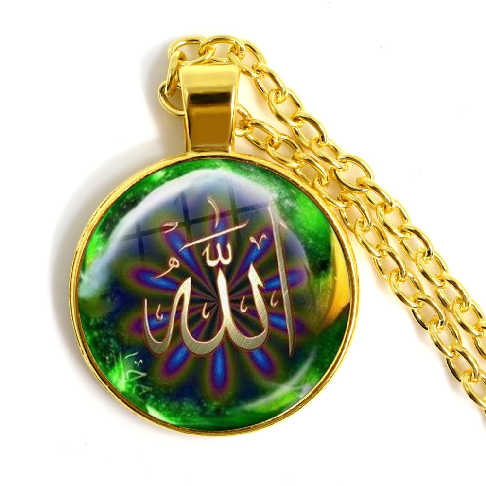 Hot Eid-Ul-Fitr Gift Glass Cabochon Necklace Women Men's Charm Arabic Muslim Islamic God Allah Jewlery Pendant Necklace Gift