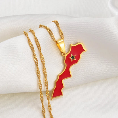 Morocco Map & Flag Pendant – Gold-Tone Necklace, Le Royaume du Maroc