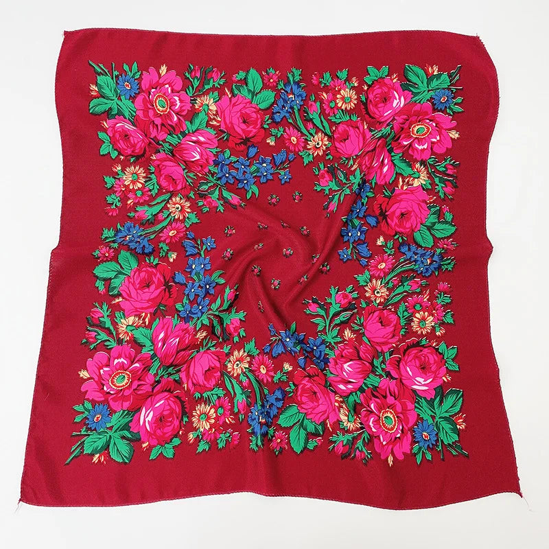 Babushka Bloom – 70cm Retro Floral Square Headscarf for Women