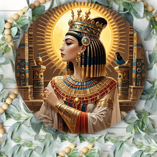 Vintage Cleopatra Round Tin Sign – Egyptian Queen Metal Wall Art with Hieroglyphics