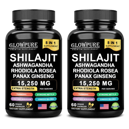 Shilajit 8-in-1 Supplement with Ginseng & Ashwagandha Supports Brain Memory Energy Immunity Focus Vitality 30/60 Capsules