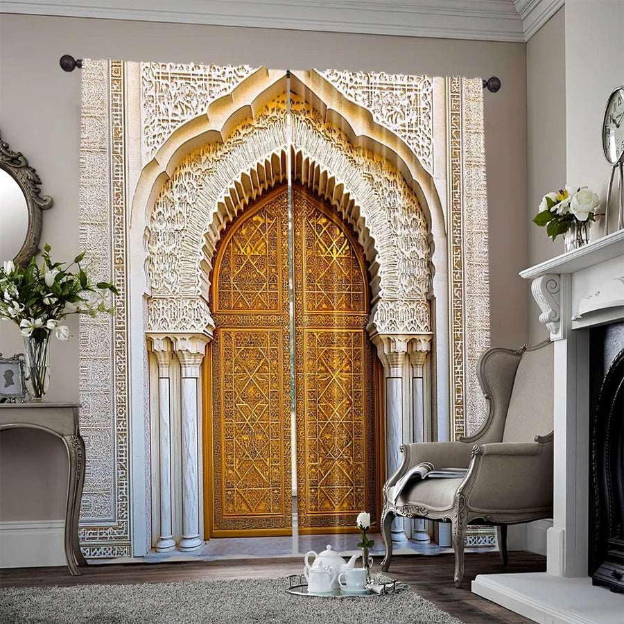Moroccan Palace Gate Curtains – 2-Piece Spring/Summer Drape, Middle Eastern Architecture Print