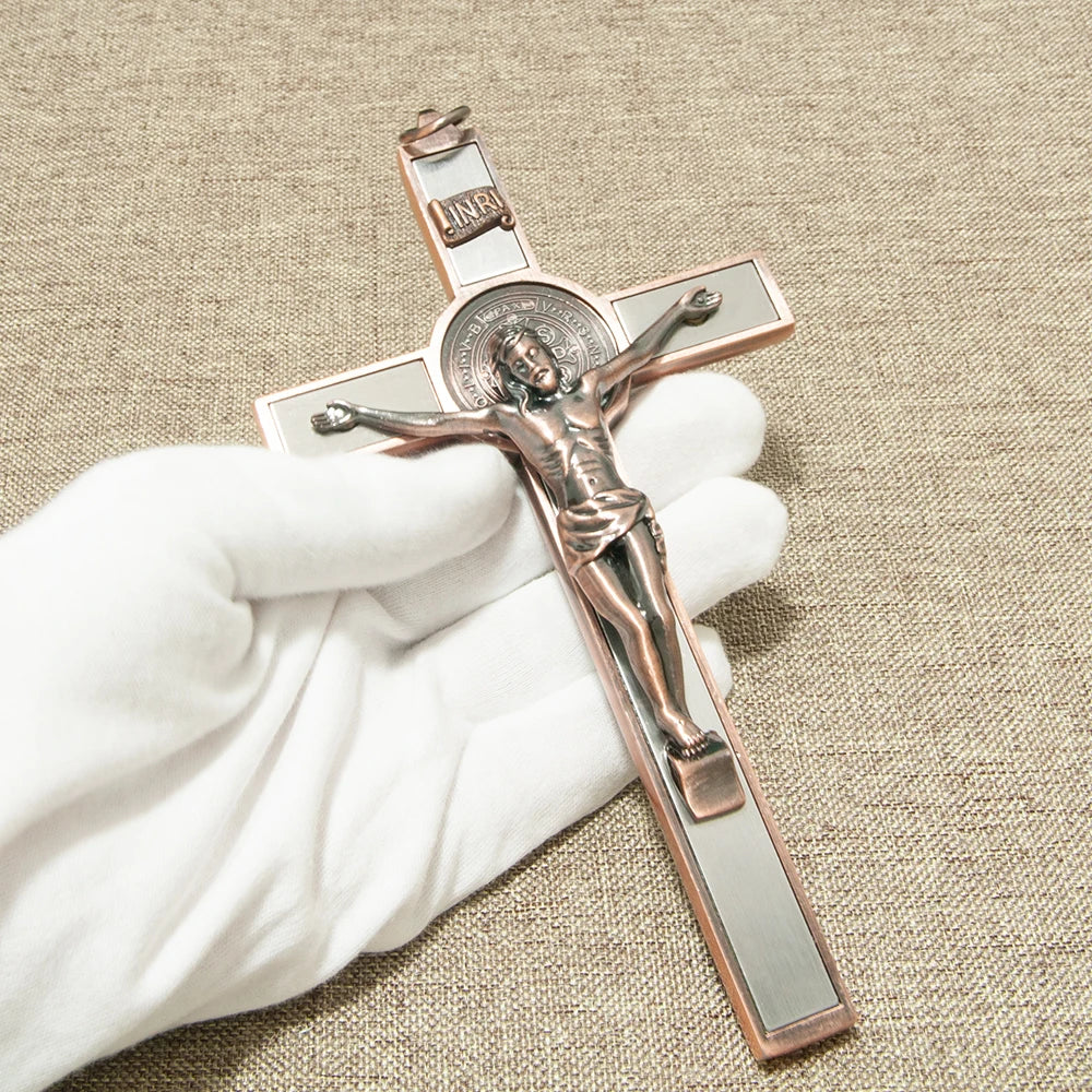 HTISOK Catholic Cross Zinc Alloy Crucifix with St. Benedict Medal & INRI, 6.9" Gift-Boxed Religious Wall Decor for Home Altar