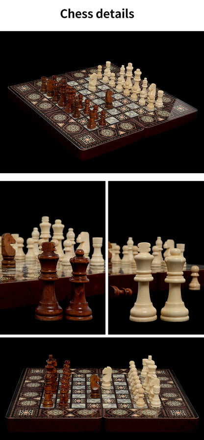 40cm Large 3-in-1 Wooden Chess & Checkers & Backgammon Set, Foldable Board for Family Travel