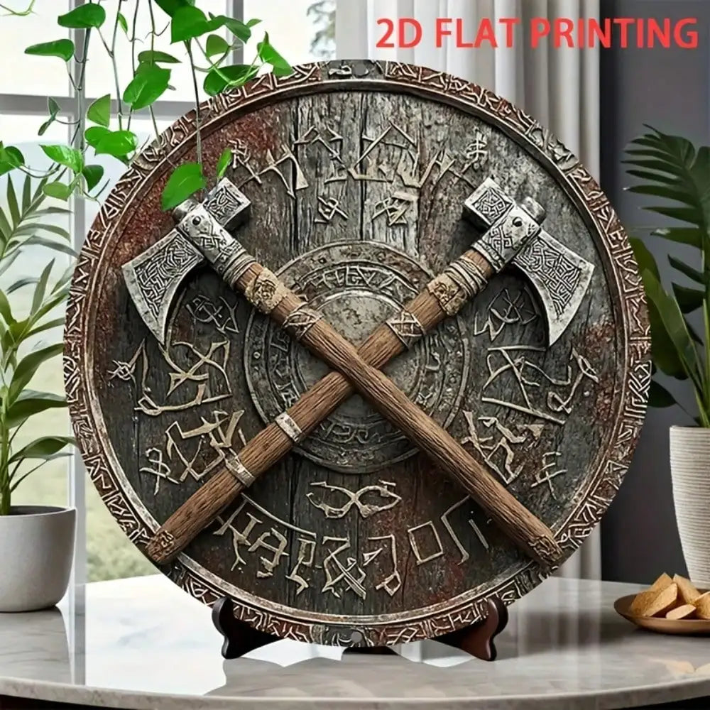 Viking Shield Axe Wall Art Decor 8" Iron Plaque for Outdoor Indoor Viking Theme
