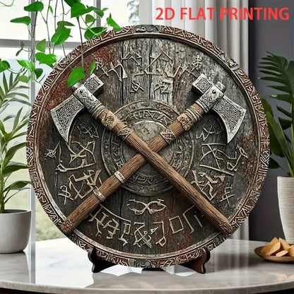 Viking Shield Axe Wall Art Decor 8" Iron Plaque for Outdoor Indoor Viking Theme
