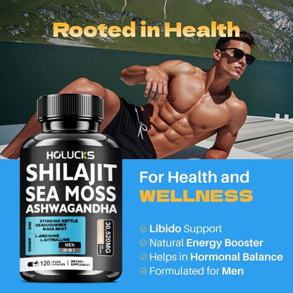 Shilajit +Sea Moss Capsules for Men, Enhance Strength, Energy & Endurance, Improve Immune, Cognitive Boost, Promote Metabolism